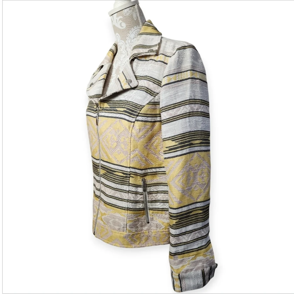 CHICO'S Aztec Southwest Jacquard Moto Western Yellow Black Striped Jacket Sz. M